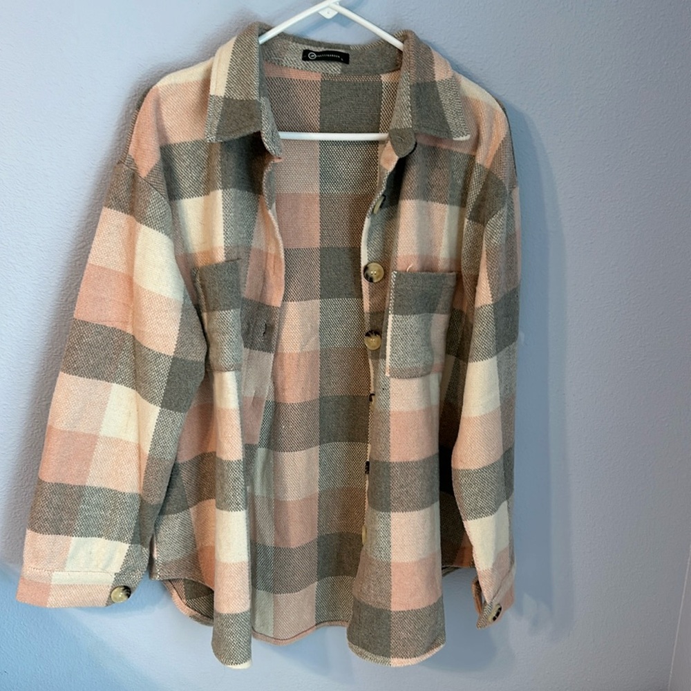 Flannel shacket pink, grey, cream, shirt, jacket